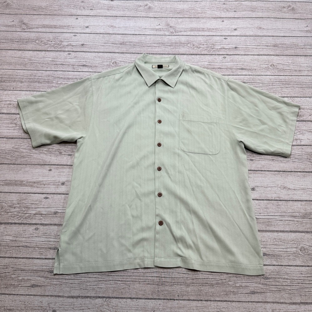 Tommy Bahama Shirt Men's Large Sage Green Herringbone Silk Button Down Hawaiian